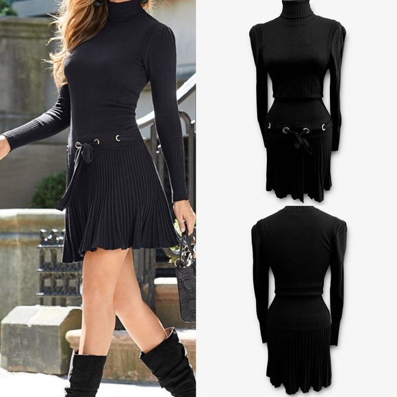 VENUS Dresses & Skirts - 097 Venus |EUC Black Pleated Sweater Turtleneck Dress | Elegant Stylish (size S)